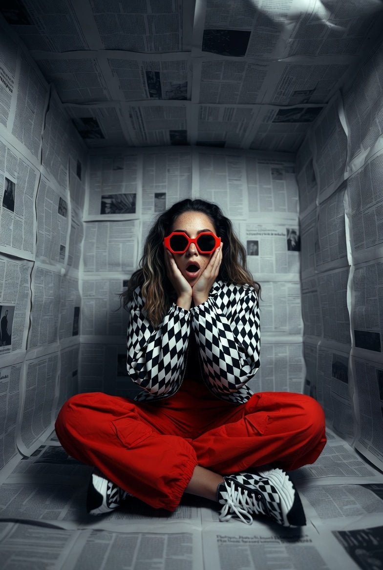 女人坐在报纸覆盖的房间地板上，手托脸颊震惊表情，红黑格纹夹克与红色工装裤的超现实时尚摄影 AI image prompt example 3