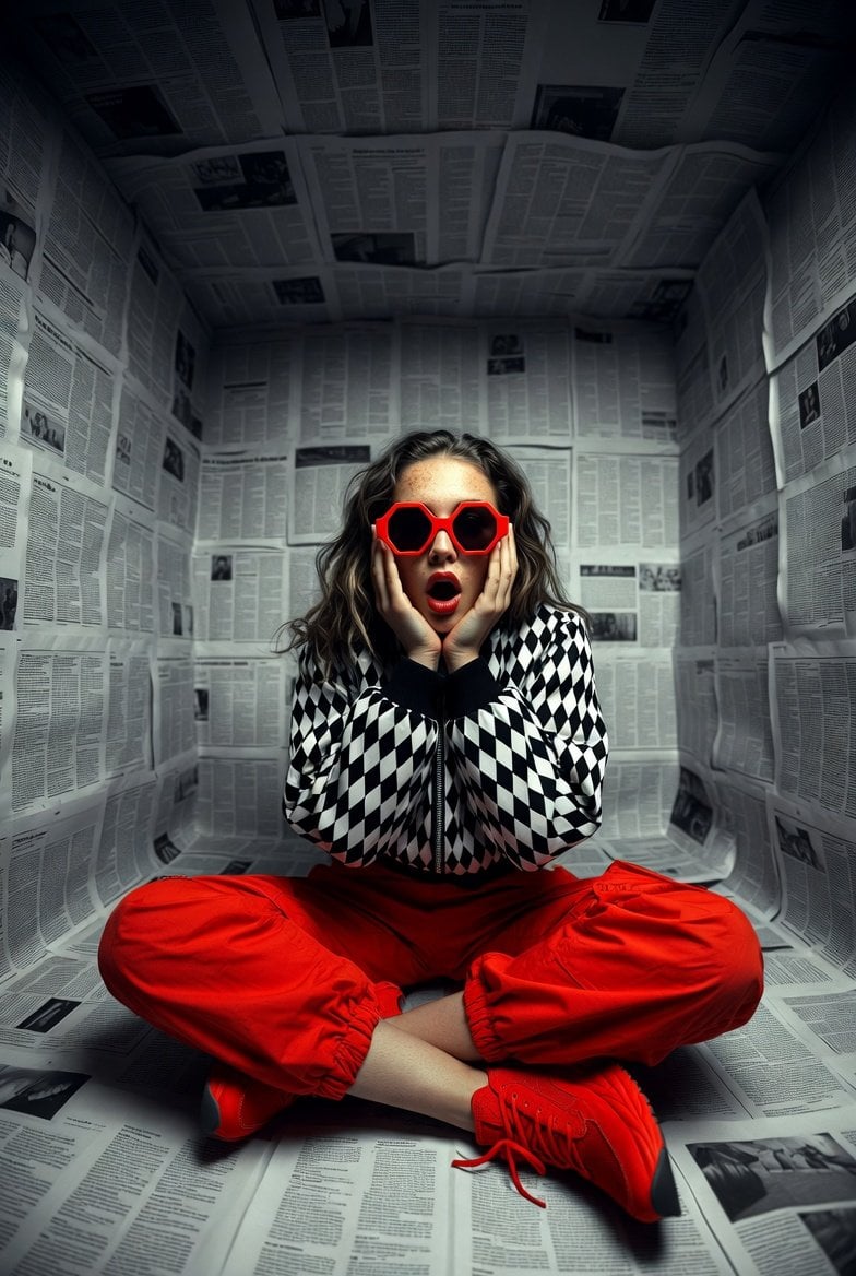 女人坐在报纸覆盖的房间地板上，手托脸颊震惊表情，红黑格纹夹克与红色工装裤的超现实时尚摄影 AI image prompt example 4