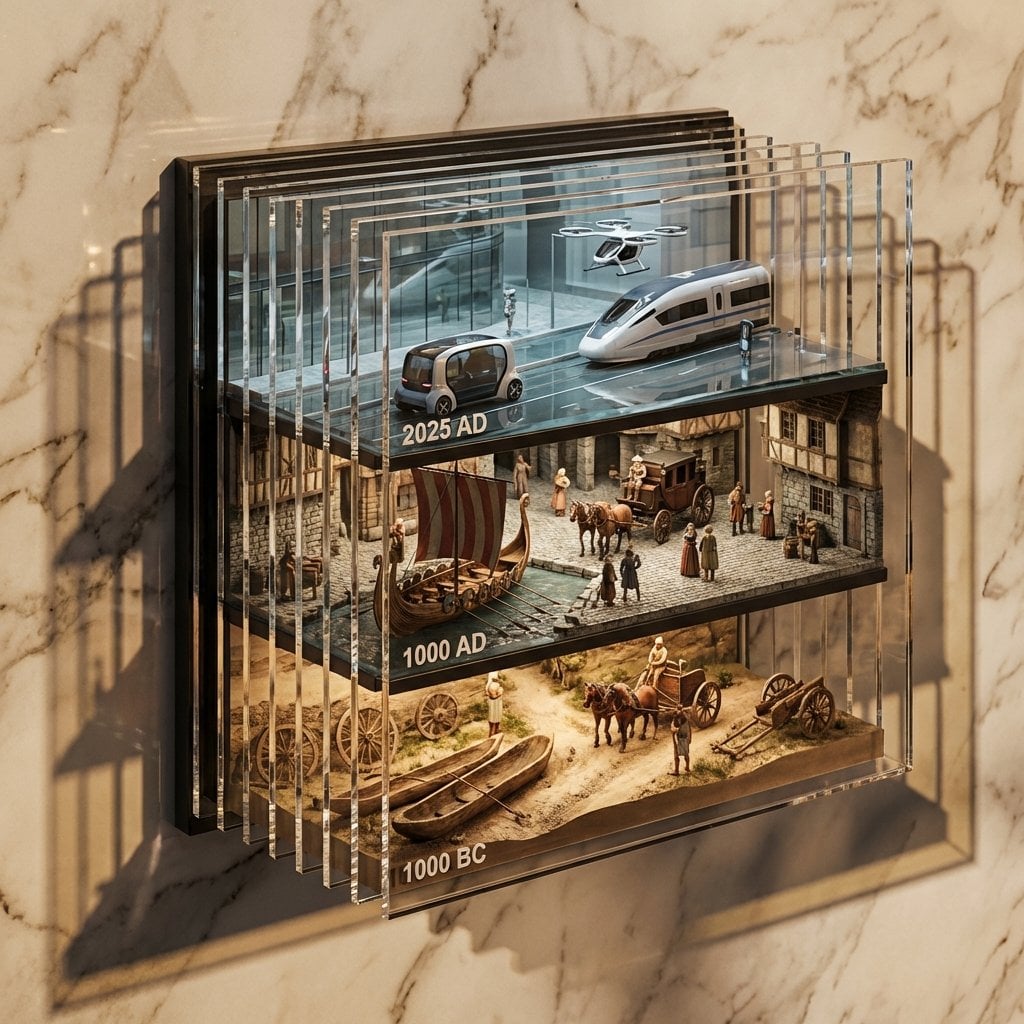 《纳米香蕉》AI绘画提示词：考古运输分层3D超现实展示 AI image prompt example 2