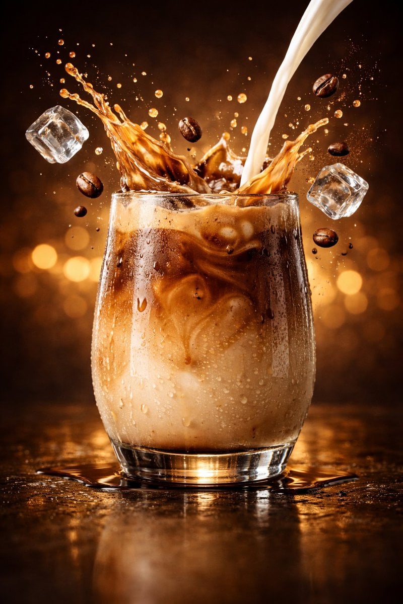 タワーグラスに噴き上がるアイスラテとチョコプロテインシェイクのハイパーリアルなAI撮影 AI image prompt example 4