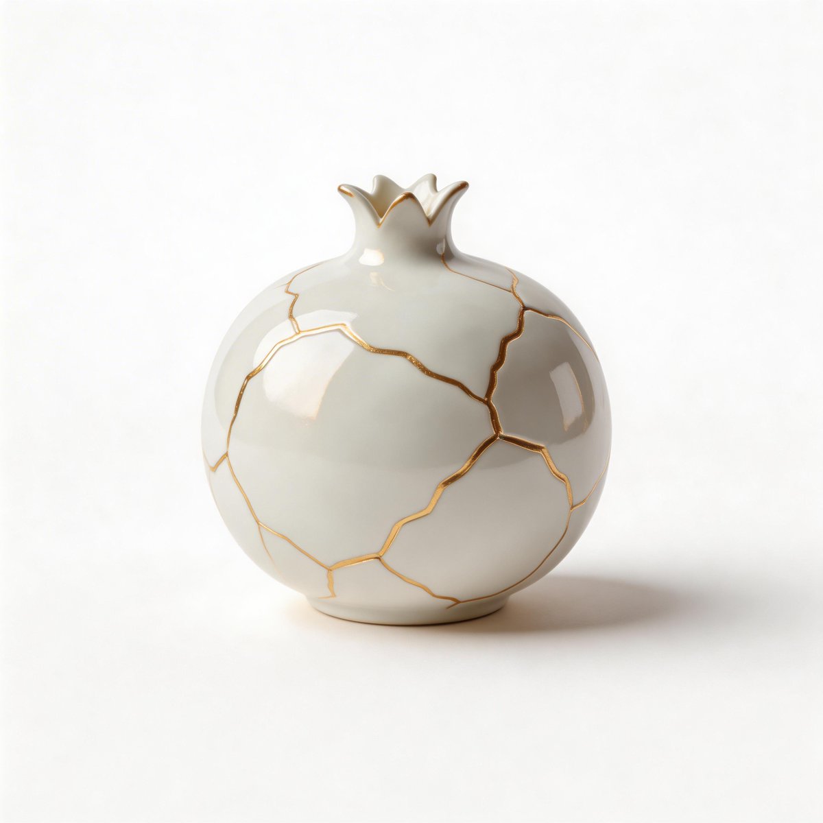 Seedream v5 Lite: Kintsugi 화이트 도자기 석류 영웅 샷 AI image prompt example