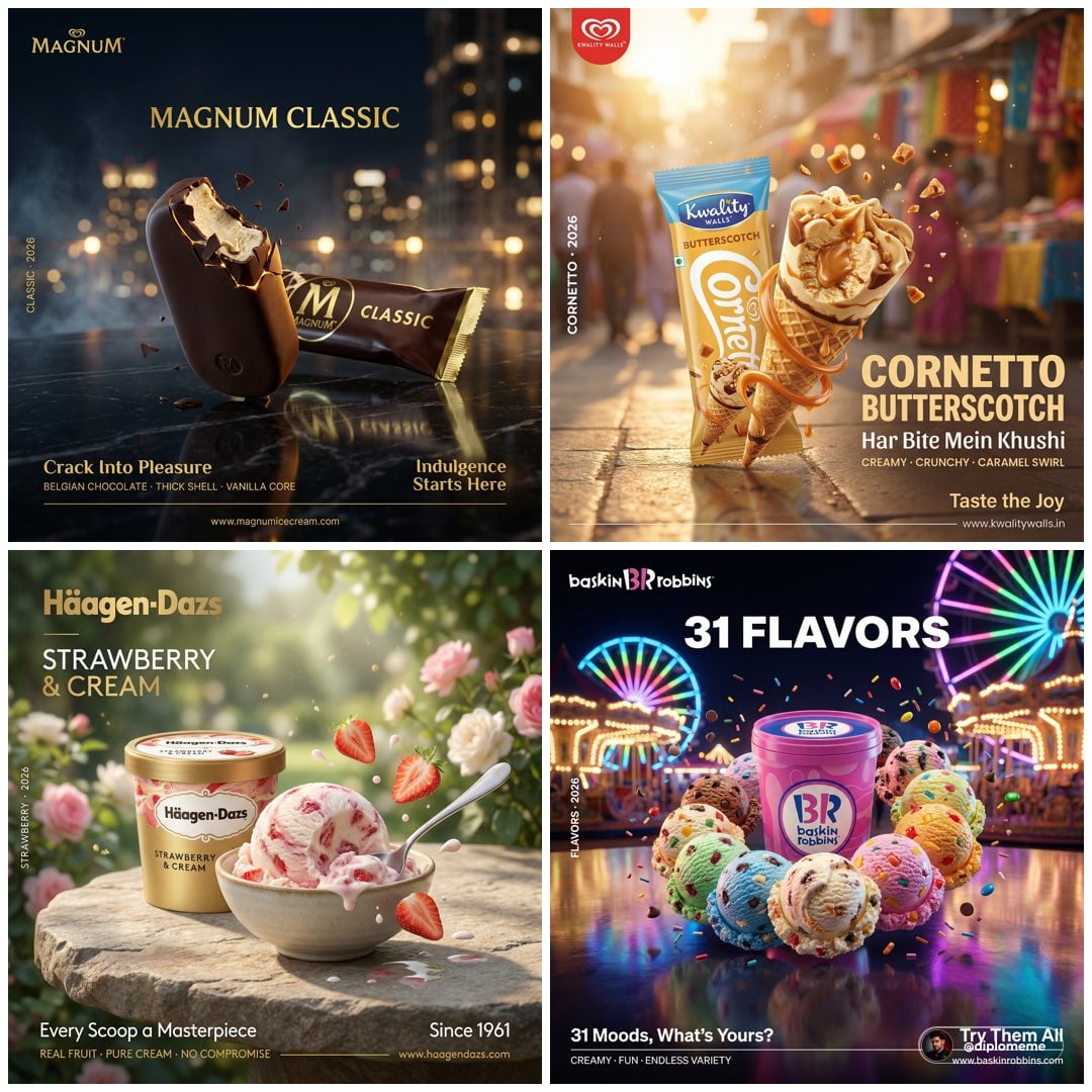 Kwality Walls Cornetto Butterscotch פרסומת למדחיק וחלבון AI image prompt example