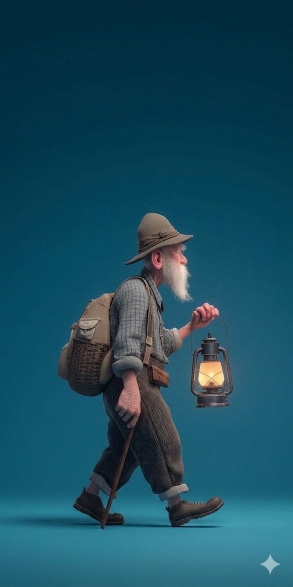 侧面行走的老年男性徒步旅行者3D肖像 AI image prompt example