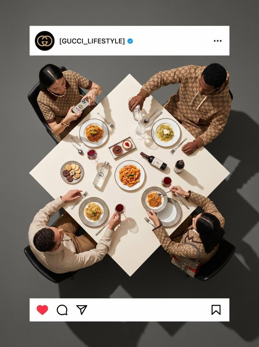 4人集合の食卓美写真：AI生成超広角INS風 AI image prompt example 4