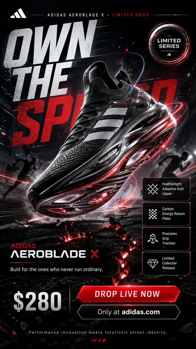 מודעות פרסום גבוהה ב-9:16 לנעל Adidas Aeroblade X המופעל על ידי AI AI image prompt example