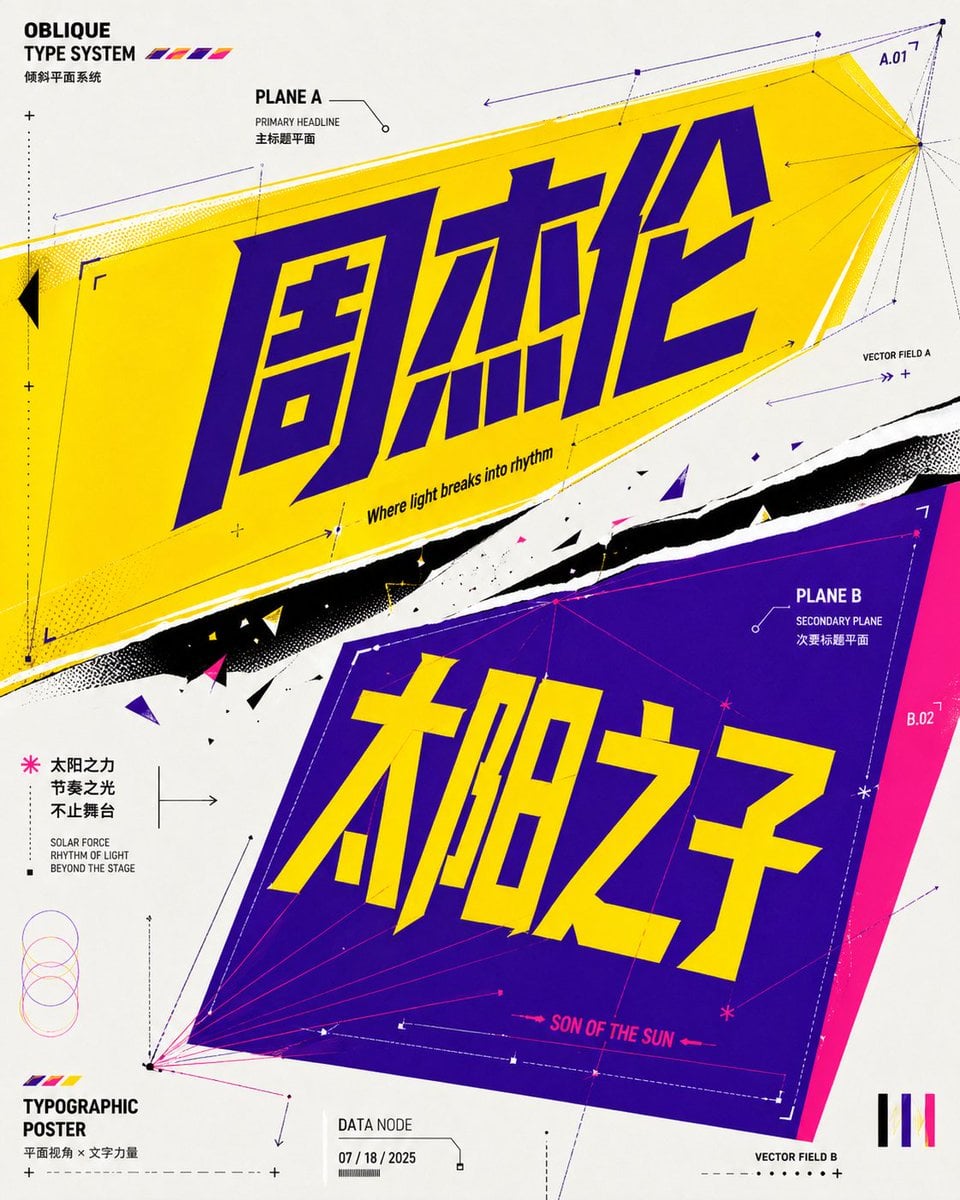 斜向透视平面字体概念海报：现代实验性高完成度字体海报 AI image prompt example 2