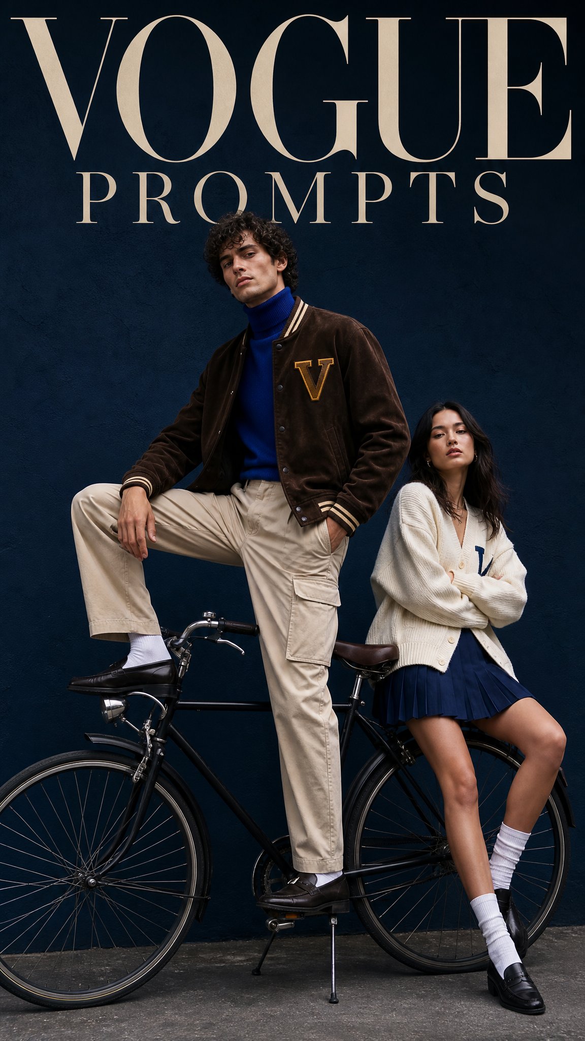 ファッション誌表紙 巻き毛青年の自転車ポーズ AI image prompt example 2