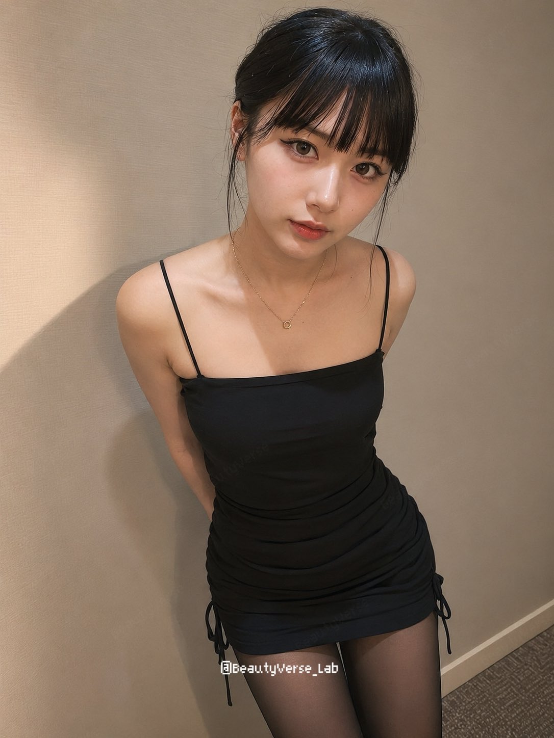 日本美女黑色迷你洋裝半身肖像 AI image prompt example 4