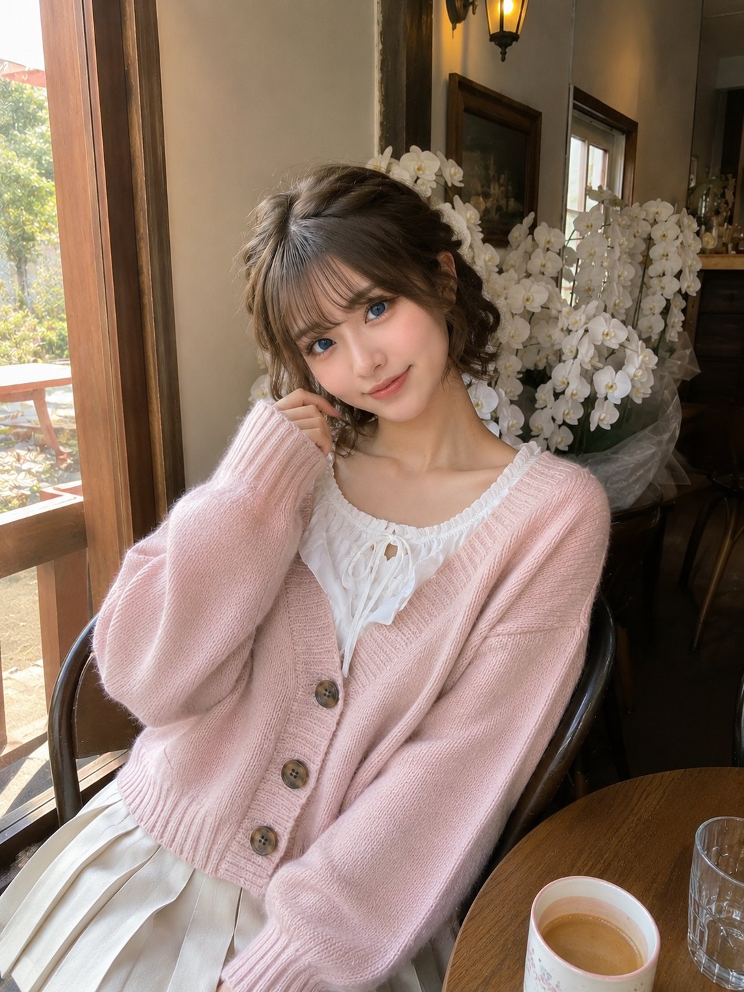 カフェでハートサインをする可愛い女の子 AI image prompt example 2
