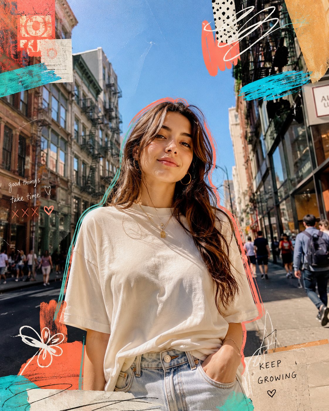 活気ある街路の若い女性超現実主義ポートレート AI image prompt example 2