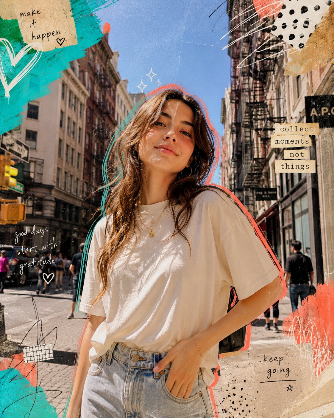 活気ある街路の若い女性超現実主義ポートレート AI image prompt example 3