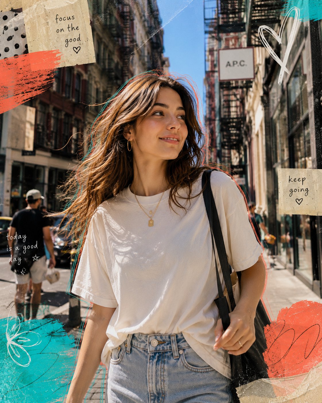 活気ある街路の若い女性超現実主義ポートレート AI image prompt example 4