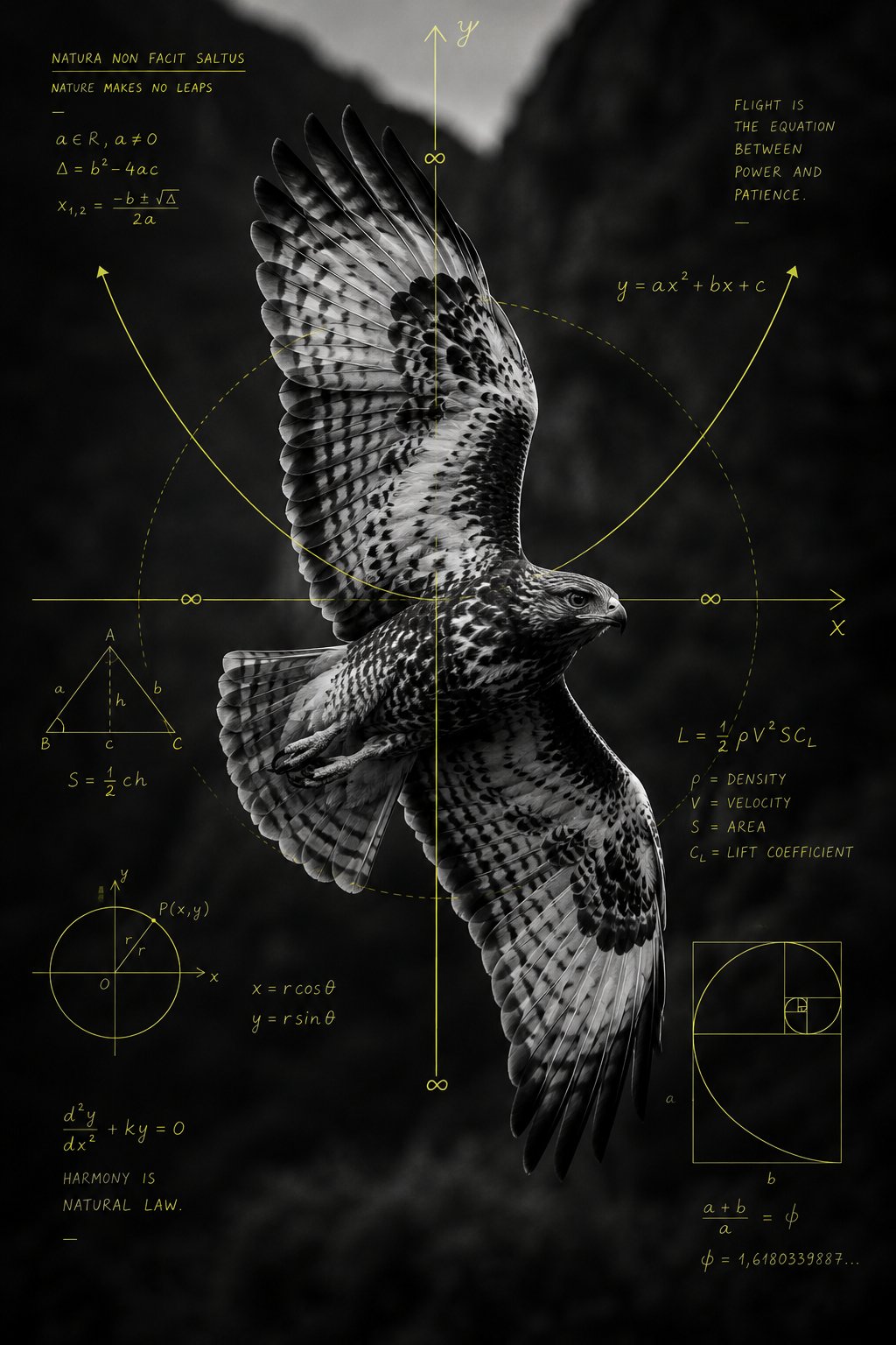 白黒の鷹飛行数学ポスター AI image prompt example