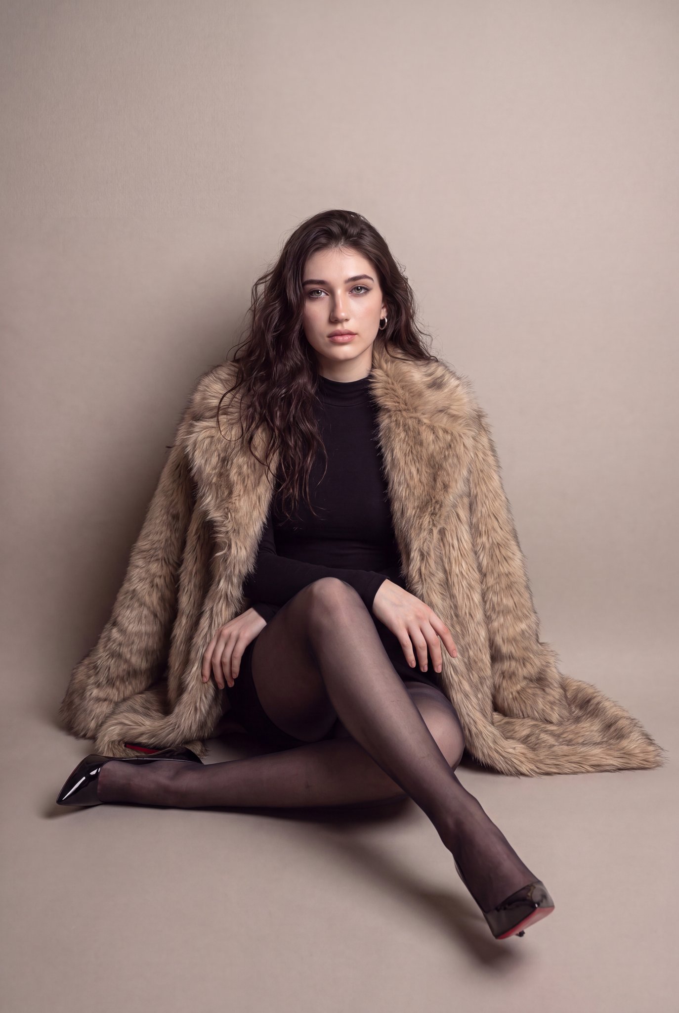 Ultra-Realistic Woman Seated on Studio Floor in Elegant Editorial Pose AI image prompt example 3