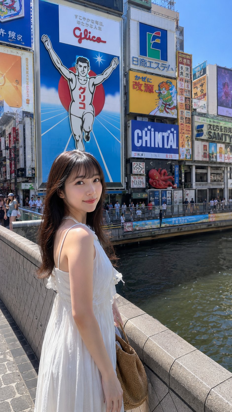 Young Japanese Woman Posing Naturally Amid Dotonbori Neon Signs in... AI image prompt example 4