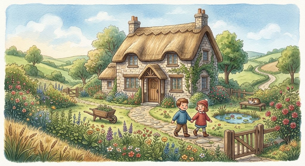 귀여운 아이들과 아늑한 오두막의 부드러운 화가 스타일 동화 일러스트 AI image prompt example