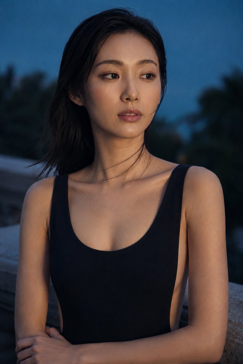 Japanese Model in Quiet Waist-Up Portrait at Dusk Resort Terrace AI image prompt example 2