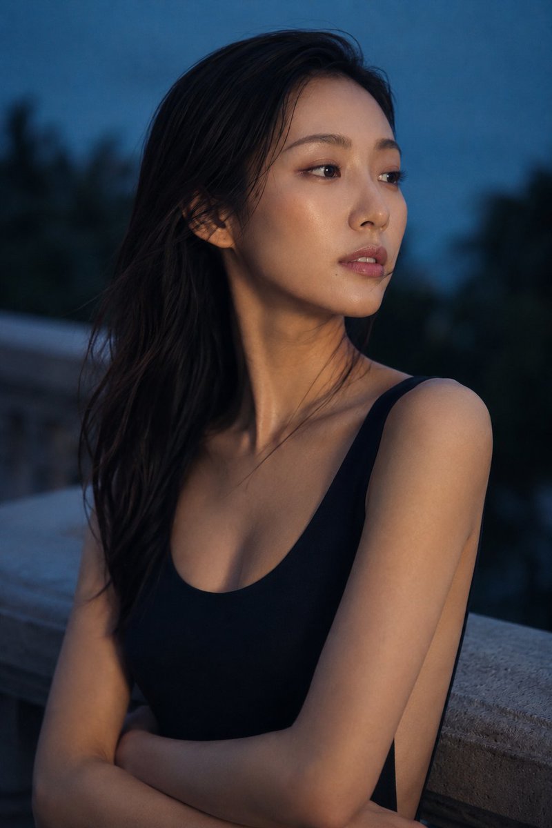 Japanese Model in Quiet Waist-Up Portrait at Dusk Resort Terrace AI image prompt example 3