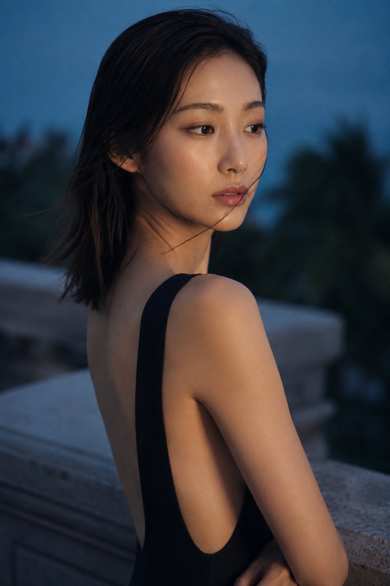Japanese Model in Quiet Waist-Up Portrait at Dusk Resort Terrace AI image prompt example 4
