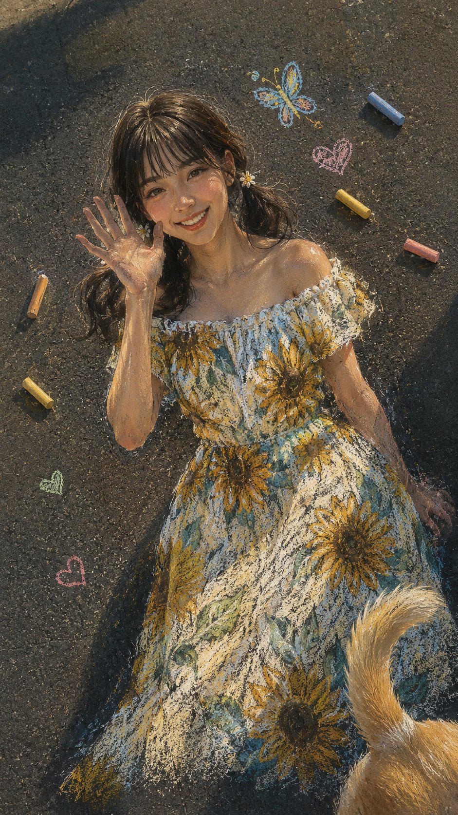 彩色粉笔艺术街头杰作：东亚美女高空挥手写实油画 AI image prompt example