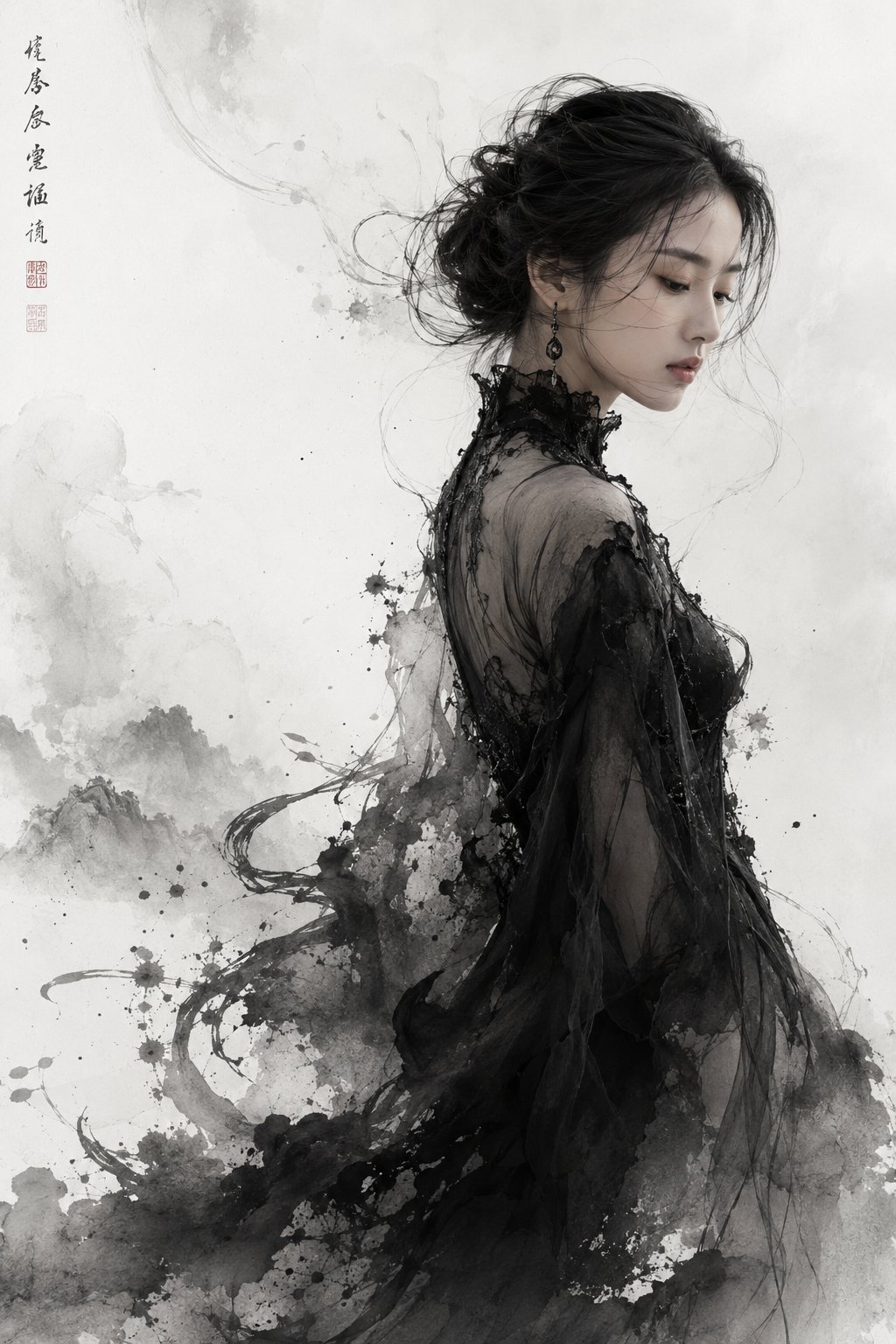 中国水墨肖像：添付の顔参照で彼女の正確なAIプロンプト AI image prompt example