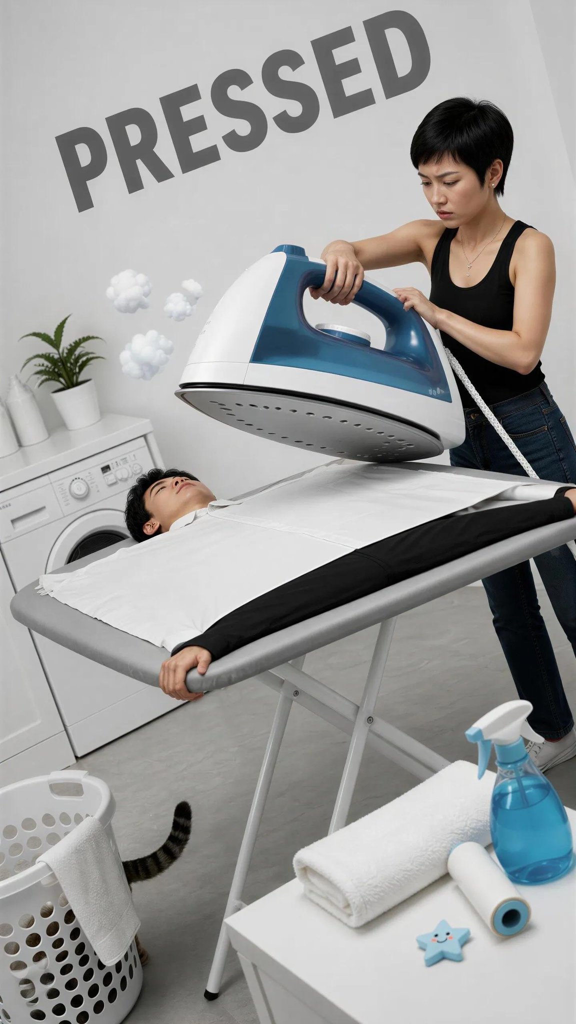 말려있는 남자 위에 앉아 있는 완전히 이상하고 유머러스한 환상적 사진 AI image prompt example 3
