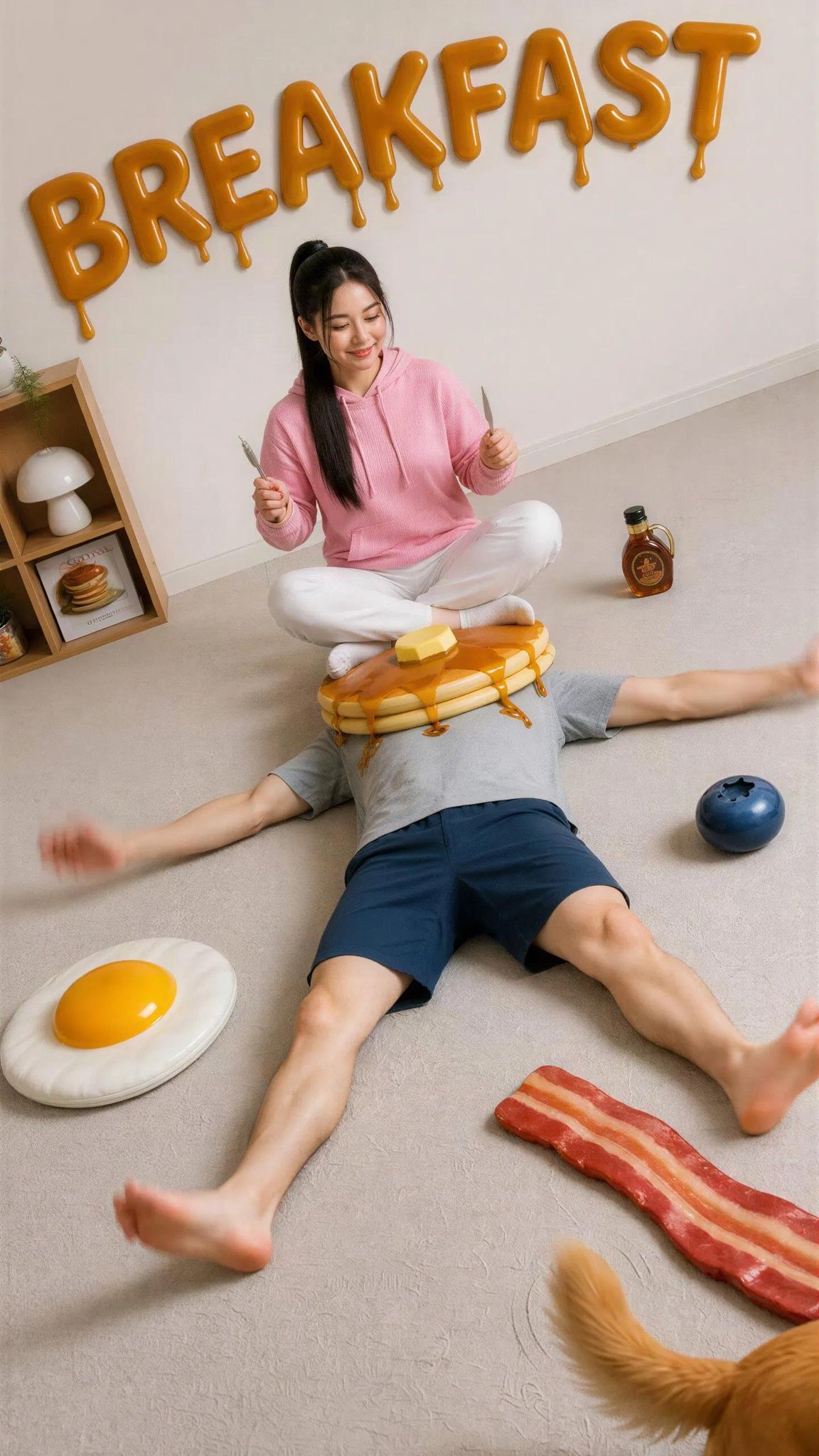 말려있는 남자 위에 앉아 있는 완전히 이상하고 유머러스한 환상적 사진 AI image prompt example 4