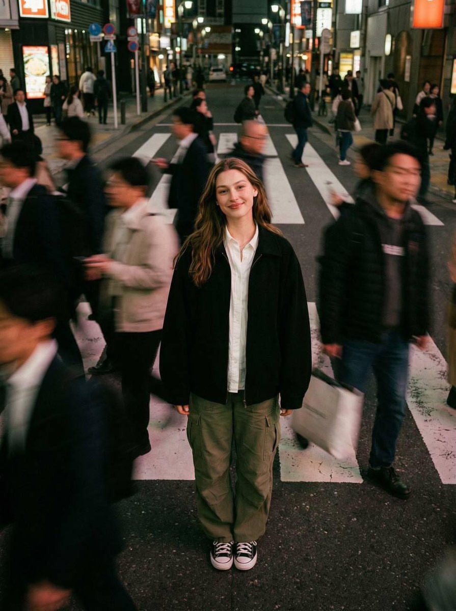 ナノバナナAI画像プロンプト：夜の街頭で立つ若い人物のシネマティックなポートレート AI image prompt example