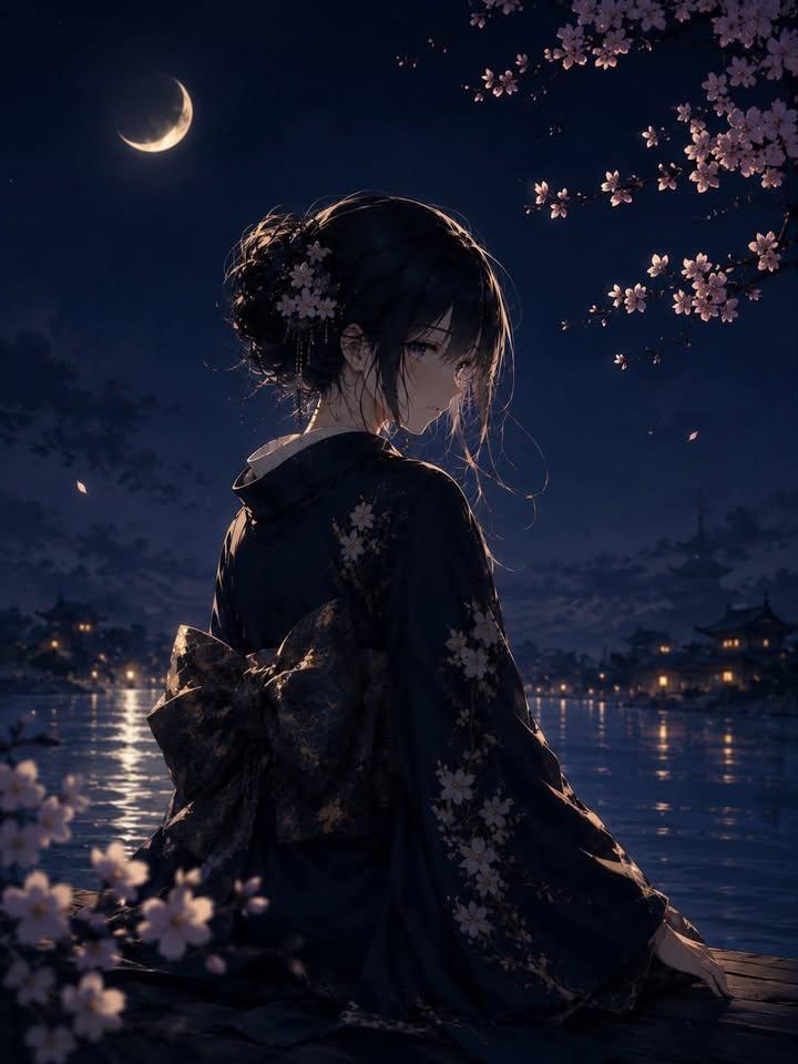 优雅的日本女子在黑丝和服中跪在反射性水面上 AI image prompt example