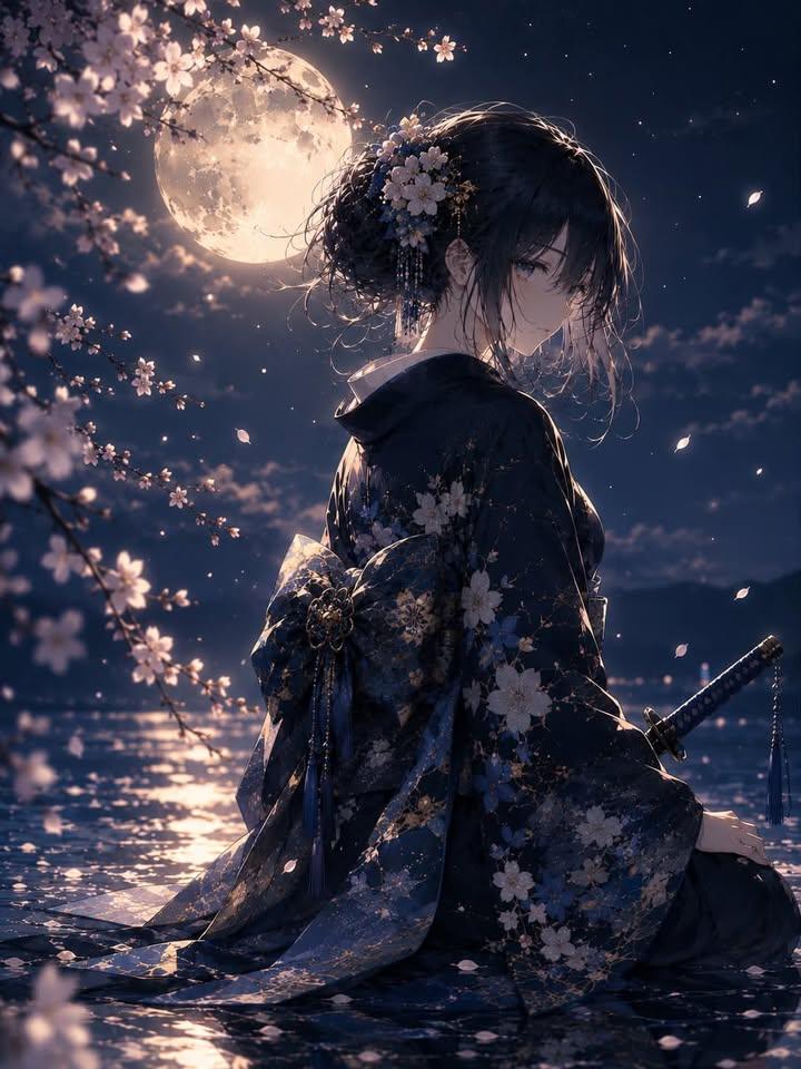优雅的日本女子在黑丝和服中跪在反射性水面上 AI image prompt example 2
