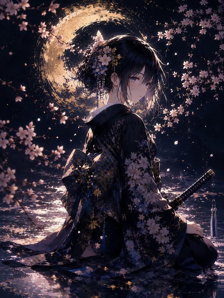 优雅的日本女子在黑丝和服中跪在反射性水面上 AI image prompt example 3
