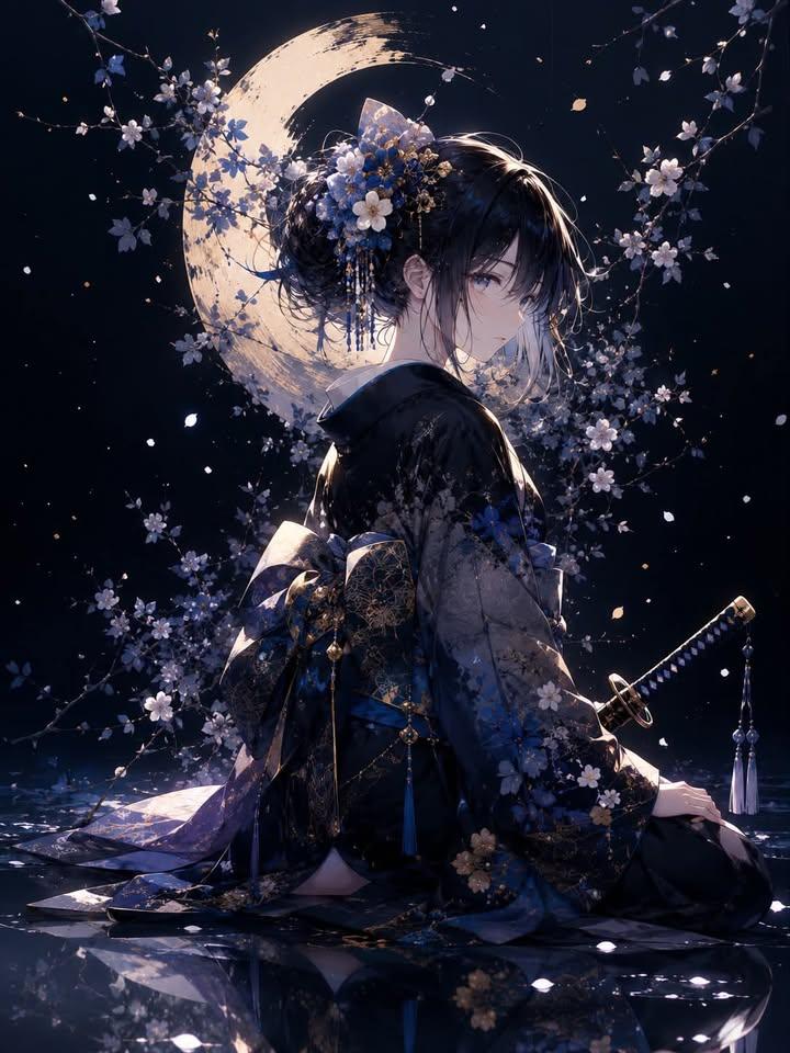 优雅的日本女子在黑丝和服中跪在反射性水面上 AI image prompt example 4
