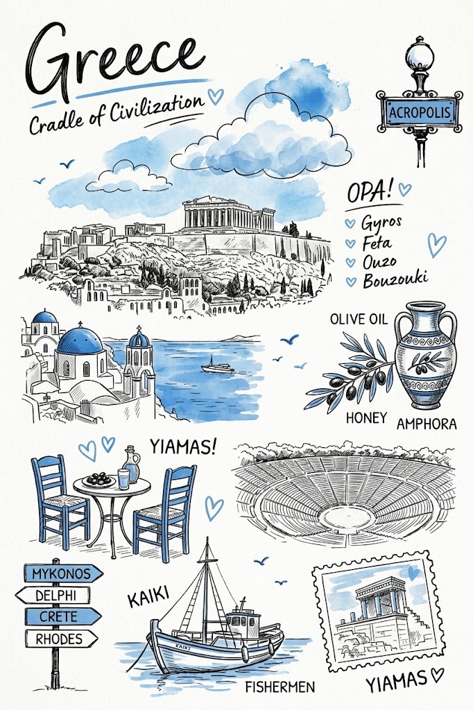 手绘复古旅行日记插图：国家标志性景观 AI image prompt example