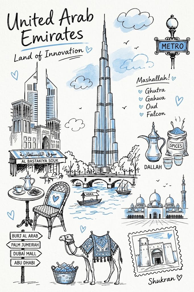 手绘复古旅行日记插图：国家标志性景观 AI image prompt example 2