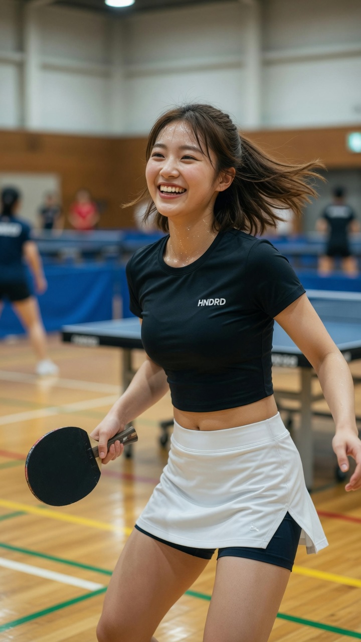 东亚年轻女子在动态乒乓球姿势中微笑 AI image prompt example 2