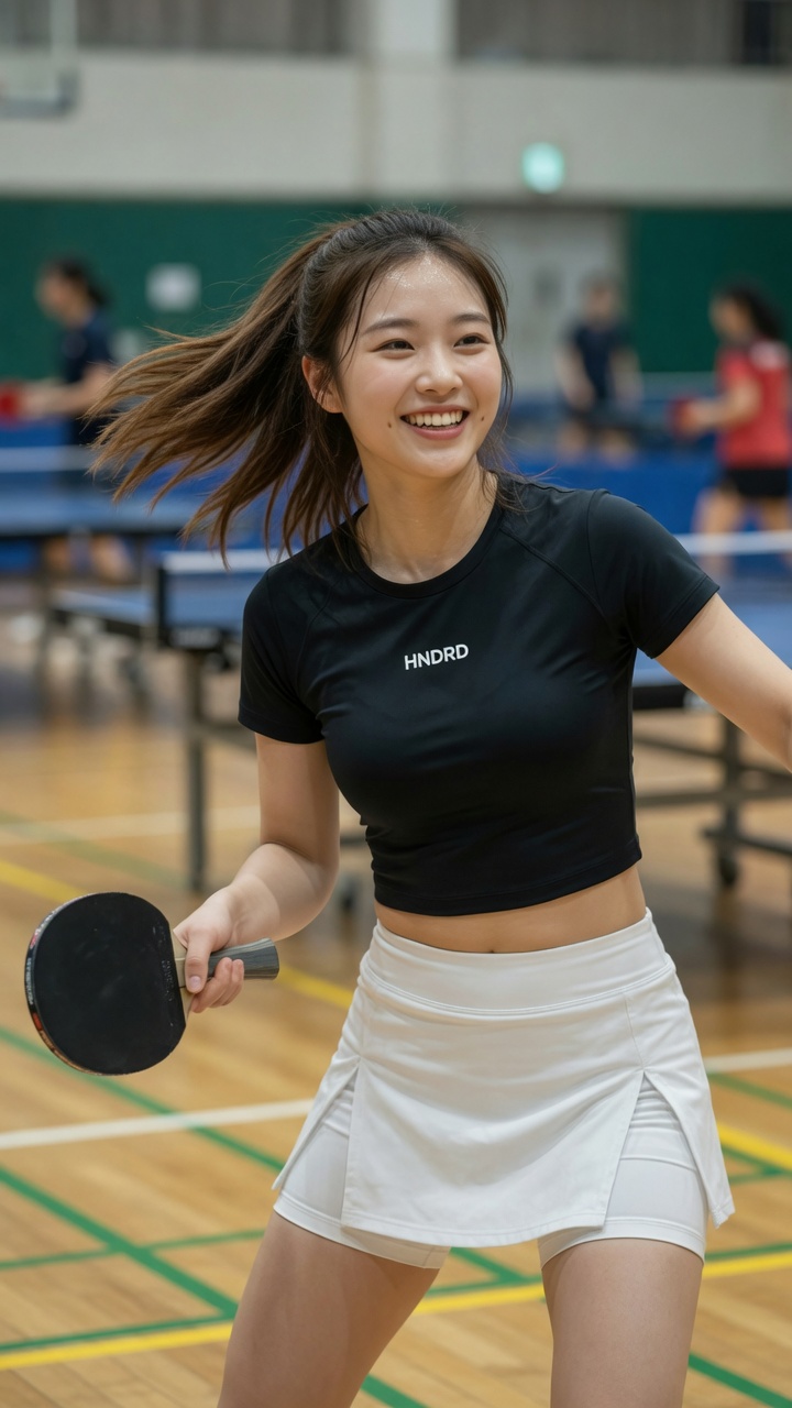 东亚年轻女子在动态乒乓球姿势中微笑 AI image prompt example 3