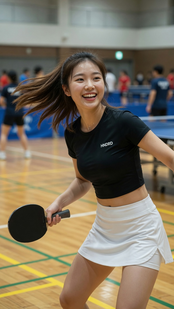 东亚年轻女子在动态乒乓球姿势中微笑 AI image prompt example 4
