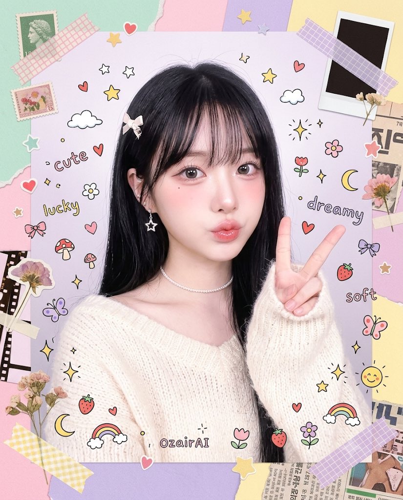 귀여운 한국 소녀의 꿈 같은 포트레이트 콜라주 AI image prompt example