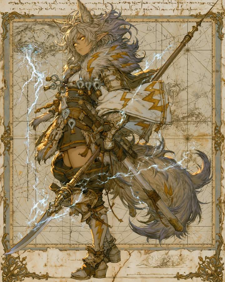Fox Spirit Warrior Concept Art - Silver Hair, Glowing Eyes, Ornate... AI image prompt example