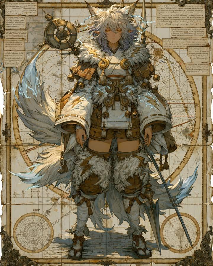 Fox Spirit Warrior Concept Art - Silver Hair, Glowing Eyes, Ornate... AI image prompt example 3