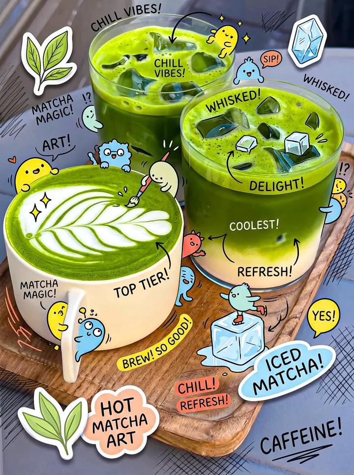Cozy Café Matcha Drinks with Playful Doodles and Cartoon Illustrations AI image prompt example