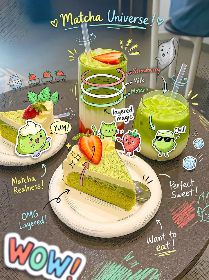Cozy Café Matcha Drinks with Playful Doodles and Cartoon Illustrations AI image prompt example 2