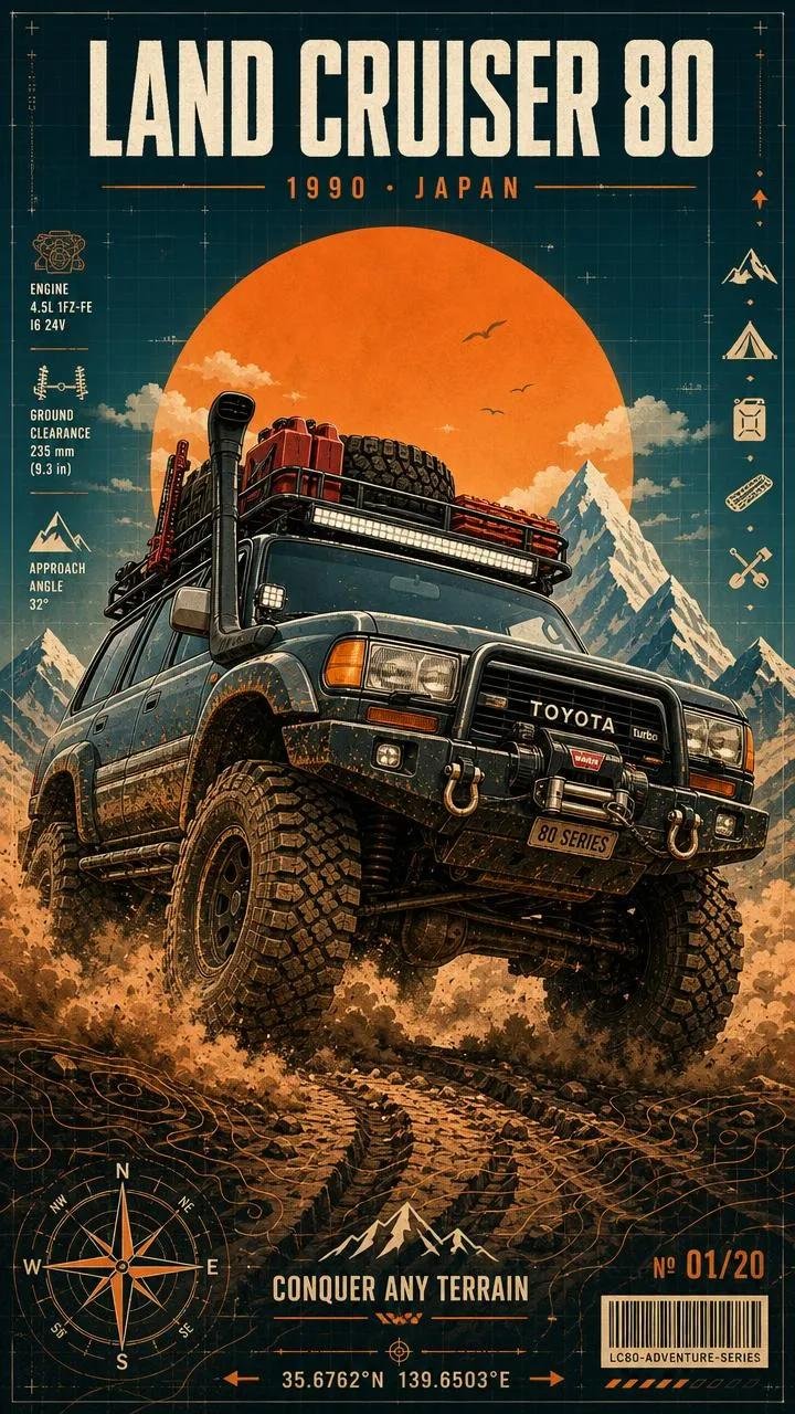 Ultra-detailed Vintage Overland Expedition Poster Featuring... AI image prompt example 2