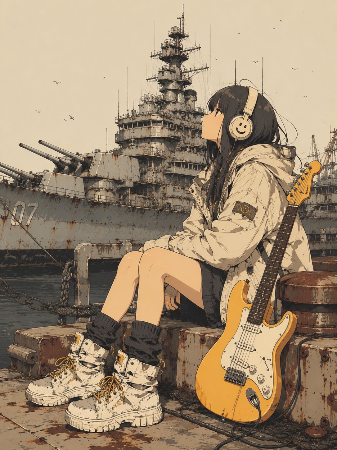 Lo-fiアニメガールとヴィンテージギターのAI画像プロンプト AI image prompt example 3