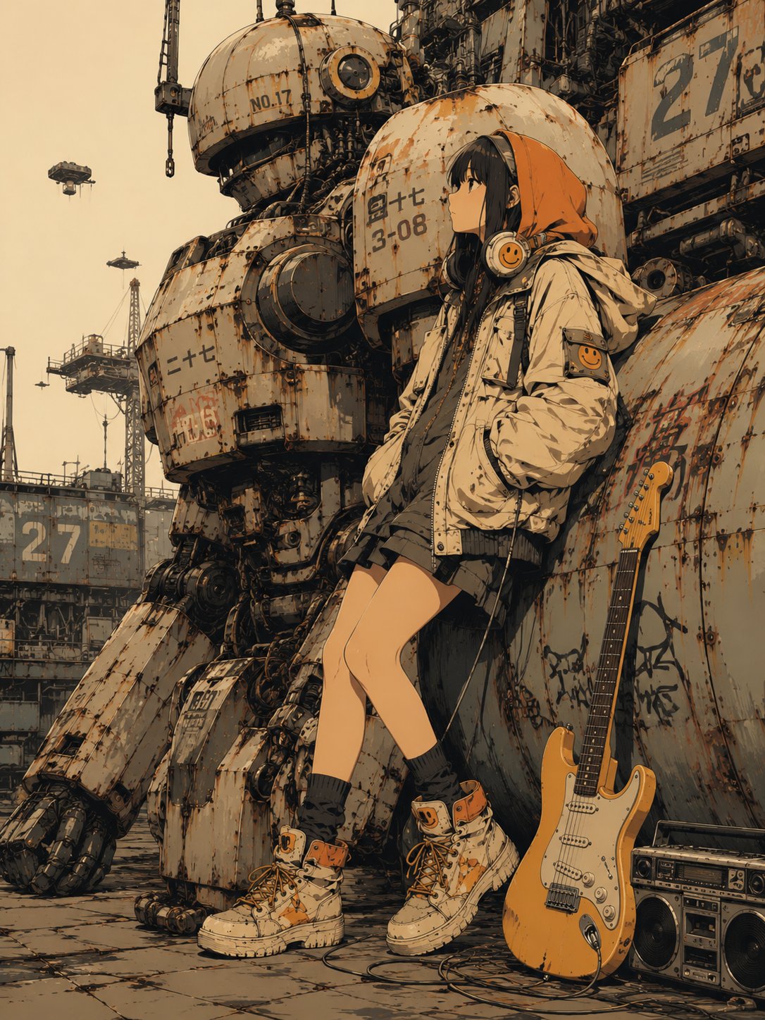Lo-fiアニメガールとヴィンテージギターのAI画像プロンプト AI image prompt example 4