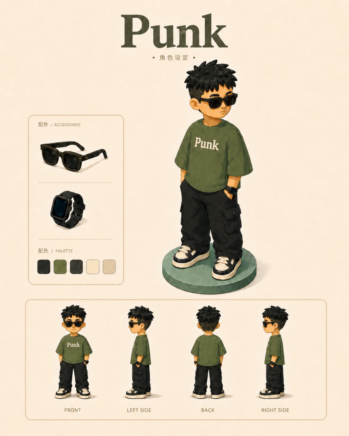 Retro Flat 3D Character Design Sheet from Photo AI image prompt example