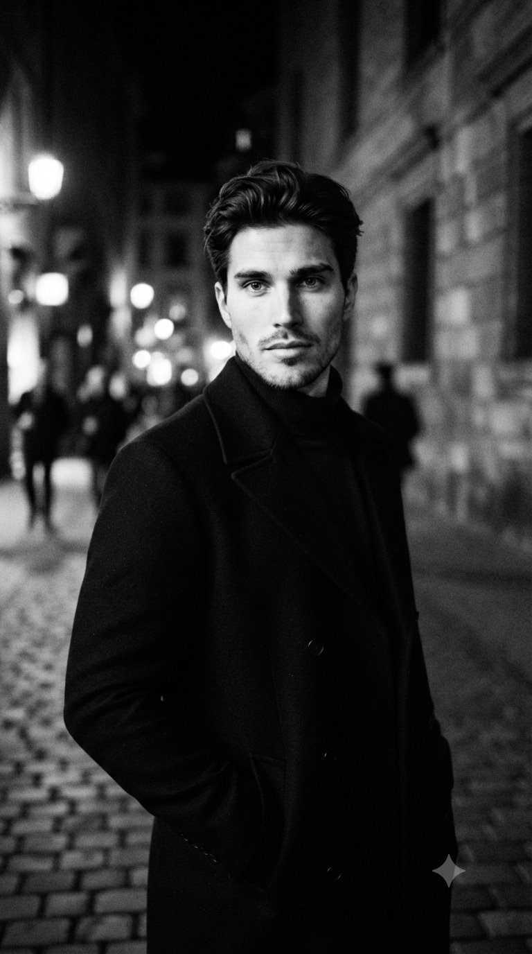 Cinematic Black and White Portrait of Elegant Young Man AI image prompt example