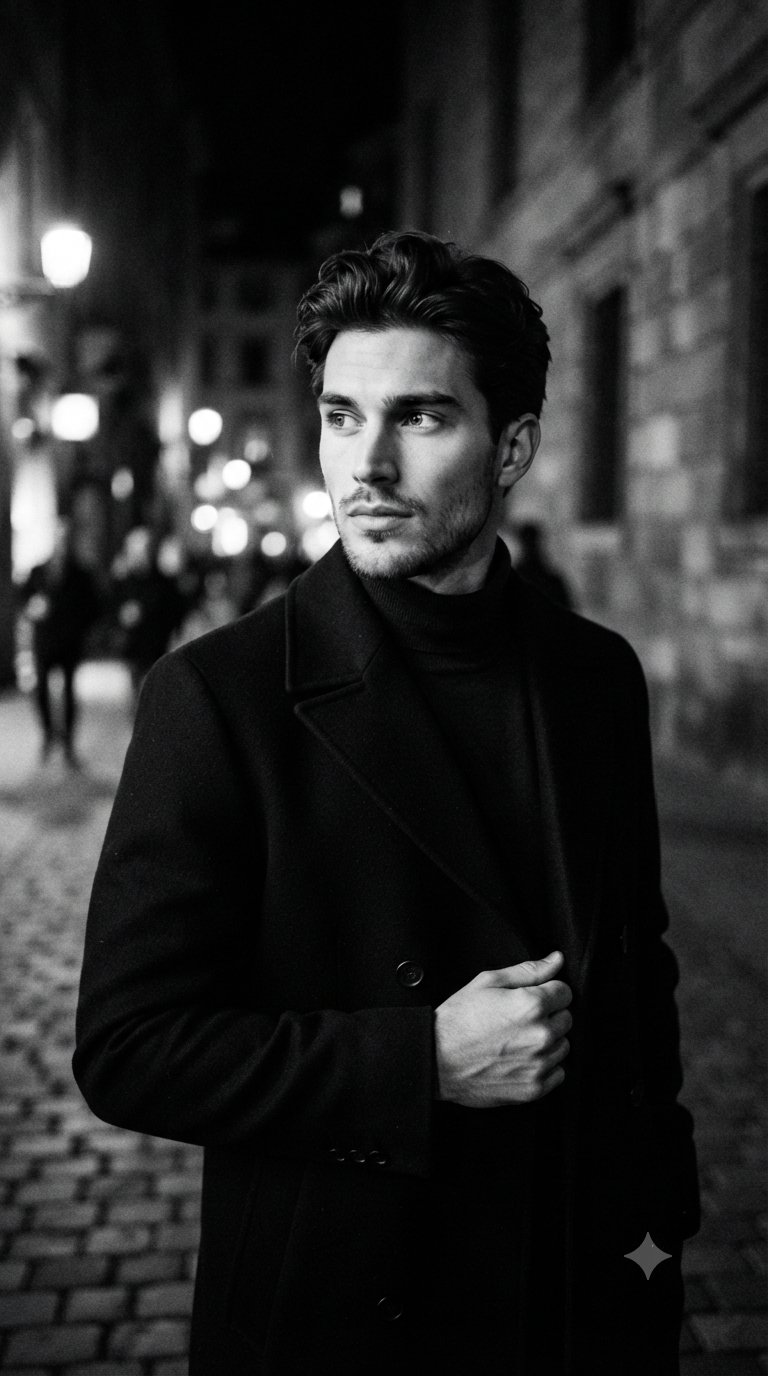 Cinematic Black and White Portrait of Elegant Young Man AI image prompt example 2