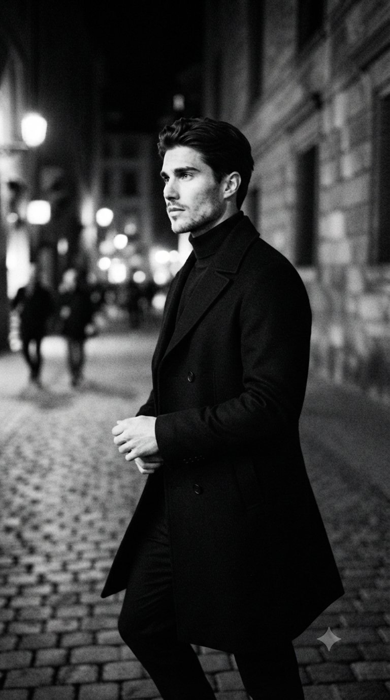 Cinematic Black and White Portrait of Elegant Young Man AI image prompt example 4