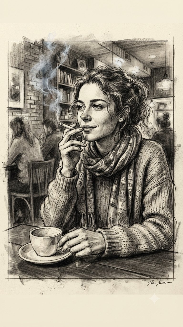 Charcoal Portrait of Young Woman in Cozy Cafe Setting AI image prompt example
